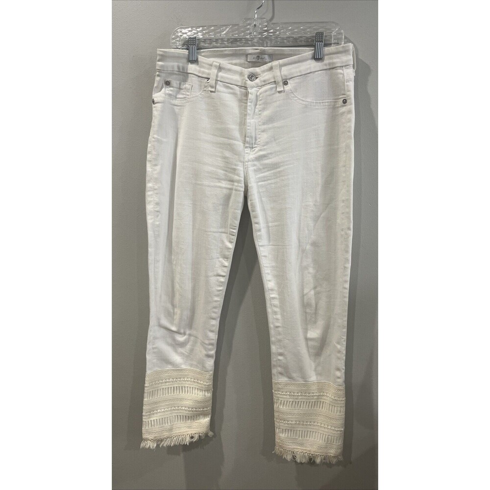 7 For All Mankind Jean Women's 32 Skinny Crop White Cream Crochet Fringe Hem